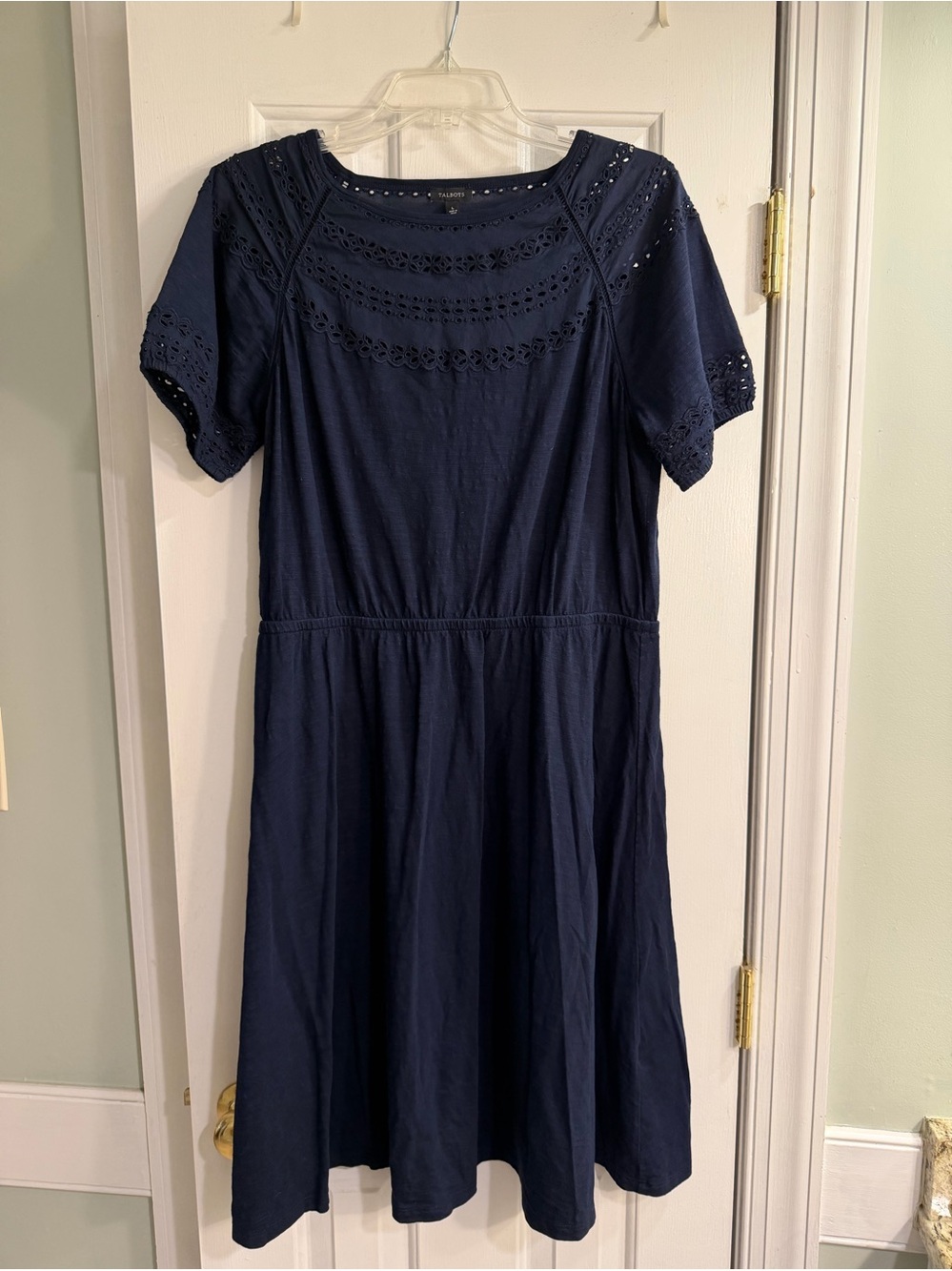 Talbots Navy Slub Knit & Eyelet Short Sleeve Dress